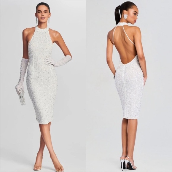 RETROFETE Hand Stitched Crystal & Sequin Sleeveless Halter Open Back Dress S - Picture 9 of 14